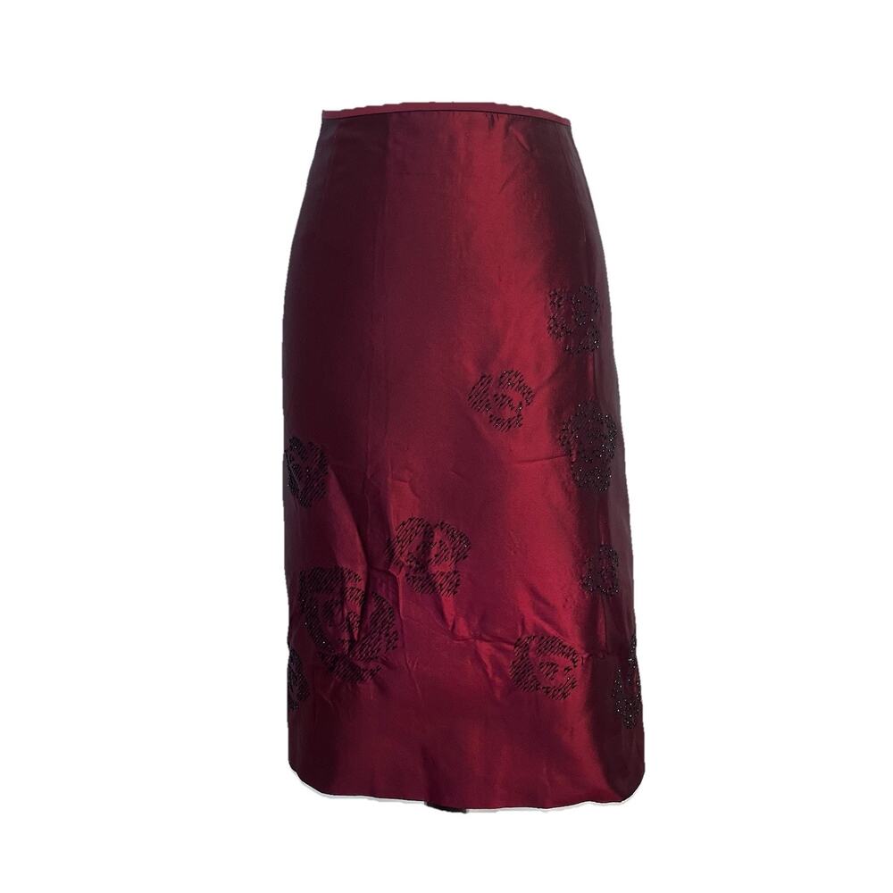 Ann Taylor Skirt sz 8 Burgundy Silk Knee A Line Beaded Wedding Cocktail Evening